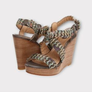 Frye Multicolor Woven Leather Stap Platform Wedge Sandals
